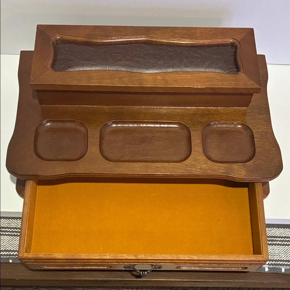 MCM Vintage Wood And Leather Two Tier Jewelry Box Velvet Lined